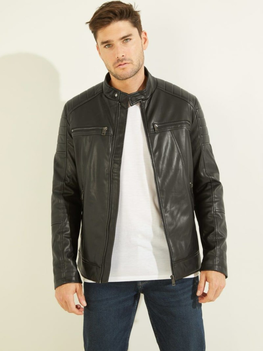 Men Guess Jackets & Coats | Faux-Leather Moto Jacket Black